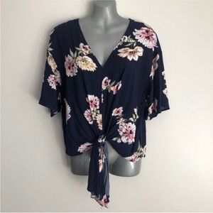 LUQ Rhee tie front navy floral print top small